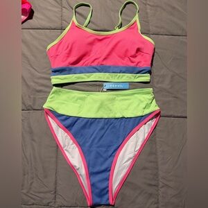 Brand NWT Popvil Ribbed Colorblock High Waisted Bikini Set Size Large